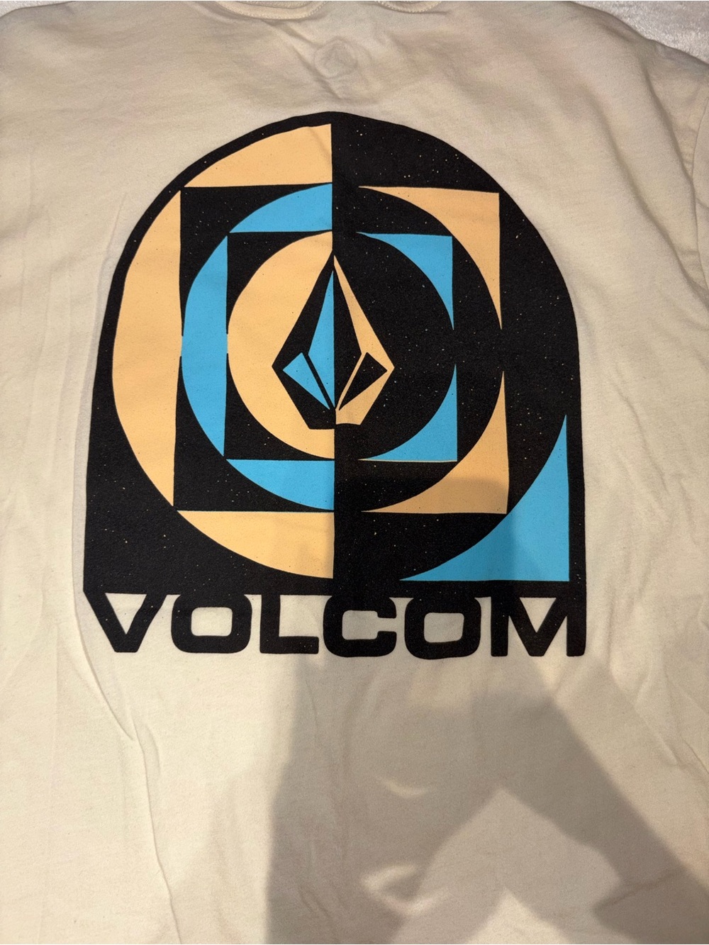 Volcom Cream Tee with Black, Blue & Tan Geometric Logo